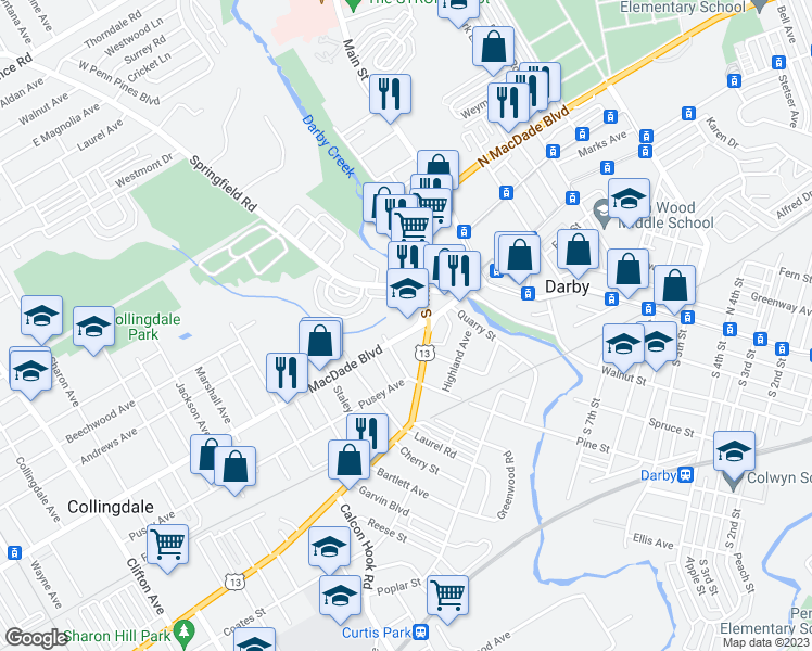 map of restaurants, bars, coffee shops, grocery stores, and more near 51 South Macdade Boulevard in Collingdale