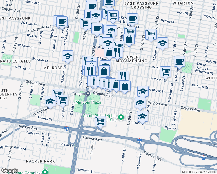map of restaurants, bars, coffee shops, grocery stores, and more near 2620 South Camac Street in Philadelphia