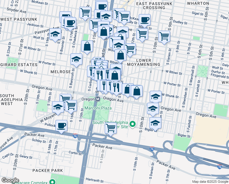 map of restaurants, bars, coffee shops, grocery stores, and more near 2623 South 13th Street in Philadelphia