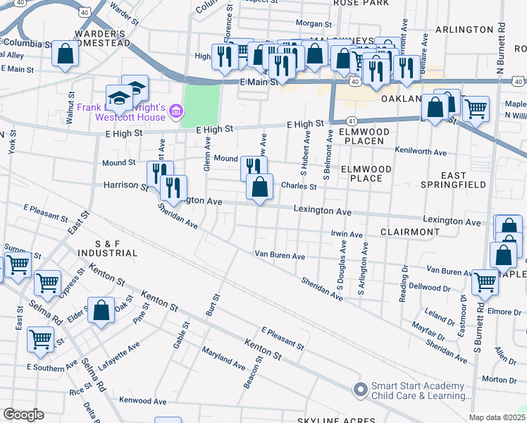 map of restaurants, bars, coffee shops, grocery stores, and more near 1707 Lexington Avenue in Springfield