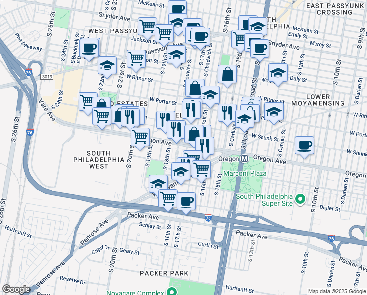 map of restaurants, bars, coffee shops, grocery stores, and more near 1710 Oregon Avenue in Philadelphia