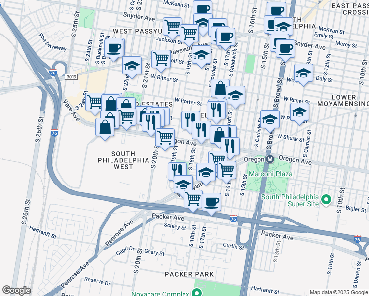 map of restaurants, bars, coffee shops, grocery stores, and more near 2714 S Cleveland St in Philadelphia