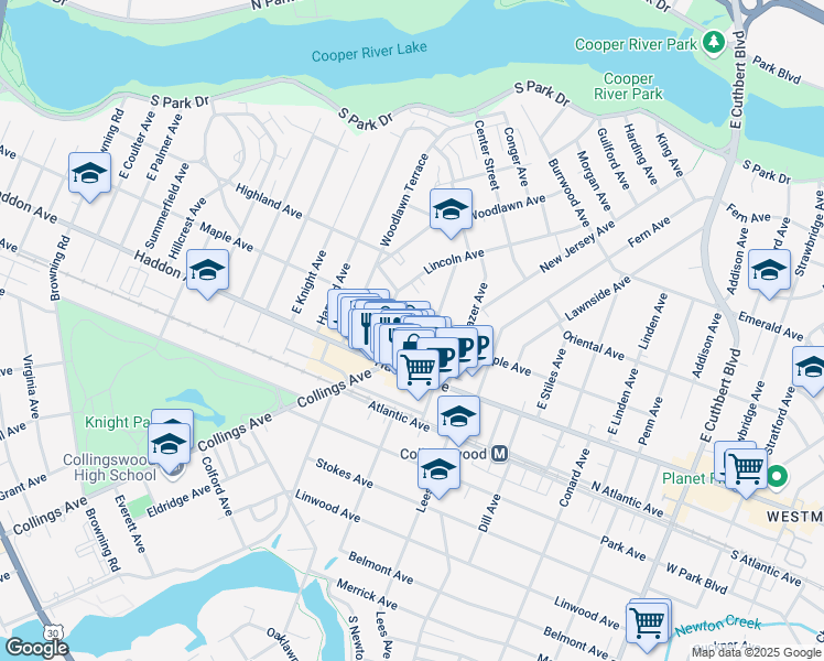 map of restaurants, bars, coffee shops, grocery stores, and more near 739 Maple Terrace in Collingswood