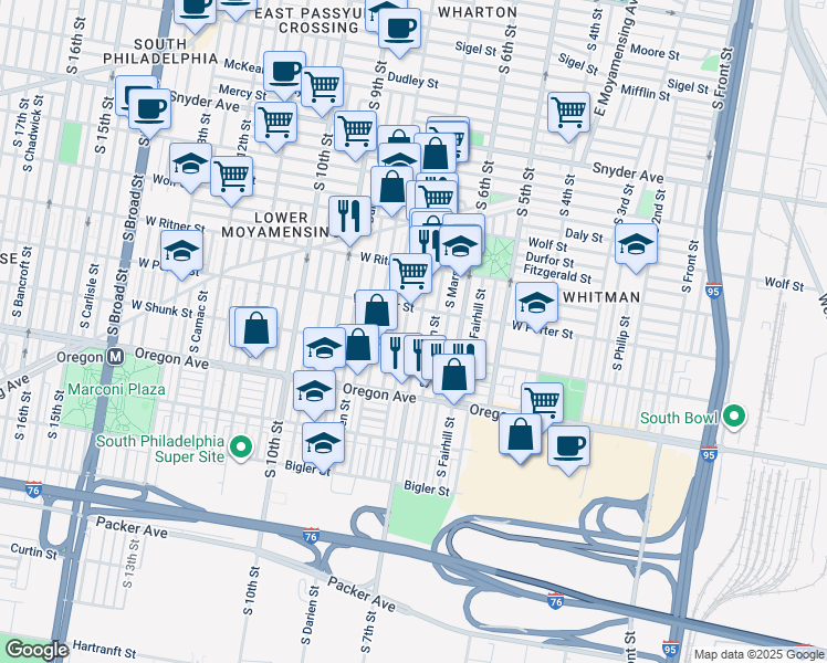 map of restaurants, bars, coffee shops, grocery stores, and more near 637 West Porter Street in Philadelphia