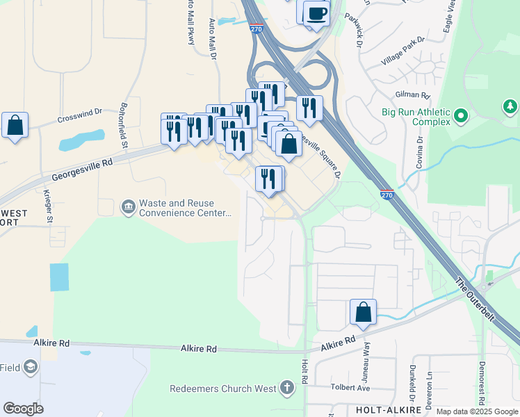 map of restaurants, bars, coffee shops, grocery stores, and more near 1773 Fortstone Lane in Columbus