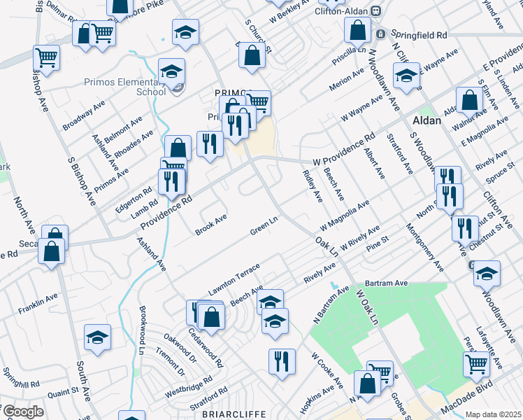 map of restaurants, bars, coffee shops, grocery stores, and more near 809 Green Lane in Delaware County