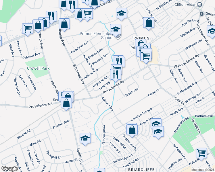 map of restaurants, bars, coffee shops, grocery stores, and more near 1014 Lamb Road in Delaware County