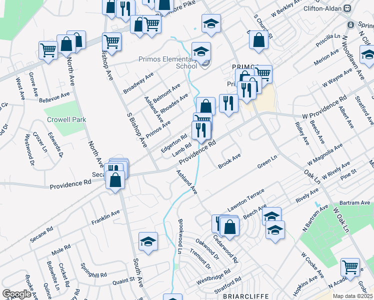 map of restaurants, bars, coffee shops, grocery stores, and more near 1014 Lamb Road in Delaware County