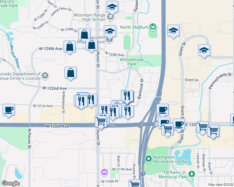 map of restaurants, bars, coffee shops, grocery stores, and more near 12142 North Melody Drive in Westminster