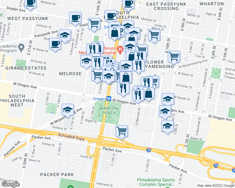 map of restaurants, bars, coffee shops, grocery stores, and more near 2631 South Juniper Street in Philadelphia