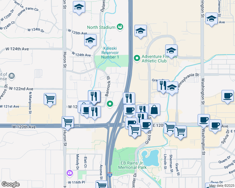 map of restaurants, bars, coffee shops, grocery stores, and more near 12272 Bannock Circle in Denver