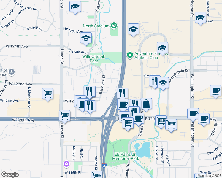 map of restaurants, bars, coffee shops, grocery stores, and more near 12272 Bannock Circle in Denver