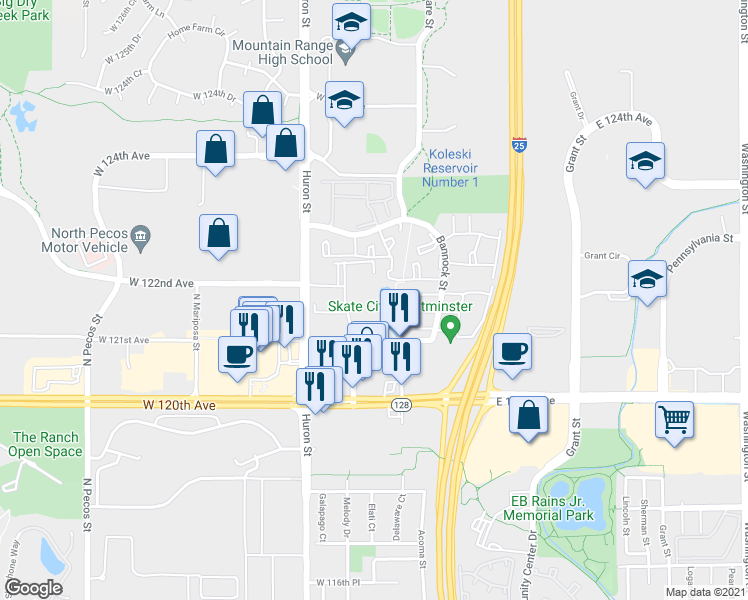 map of restaurants, bars, coffee shops, grocery stores, and more near 12180 Melody Drive in Westminster