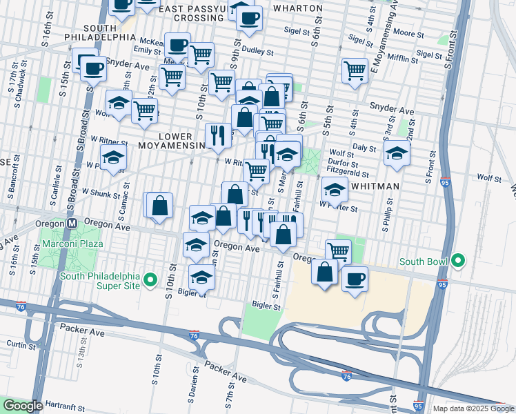 map of restaurants, bars, coffee shops, grocery stores, and more near 637 West Porter Street in Philadelphia