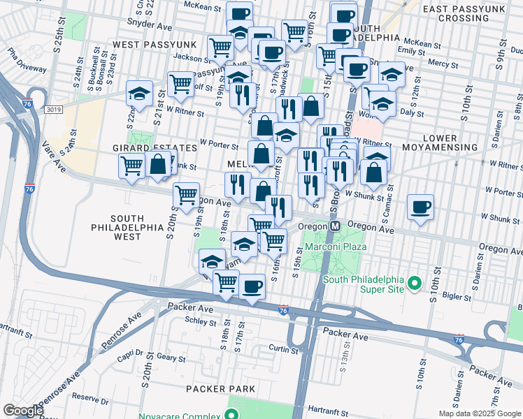 map of restaurants, bars, coffee shops, grocery stores, and more near 2628 South Chadwick Street in Philadelphia