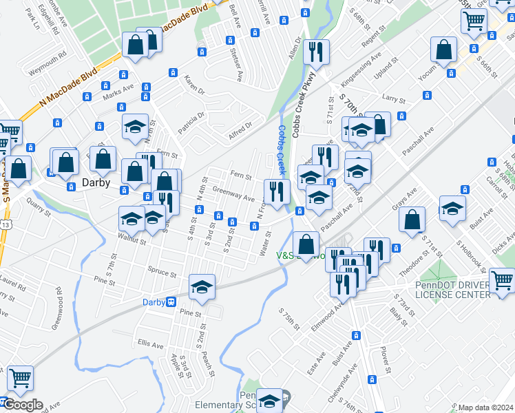 map of restaurants, bars, coffee shops, grocery stores, and more near 101 Greenway Avenue in Darby