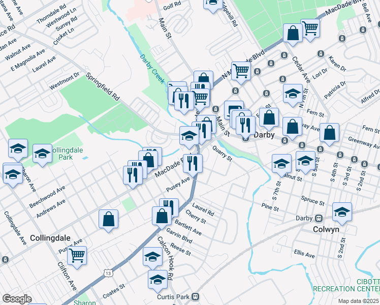 map of restaurants, bars, coffee shops, grocery stores, and more near 8 Florence Avenue in Darby