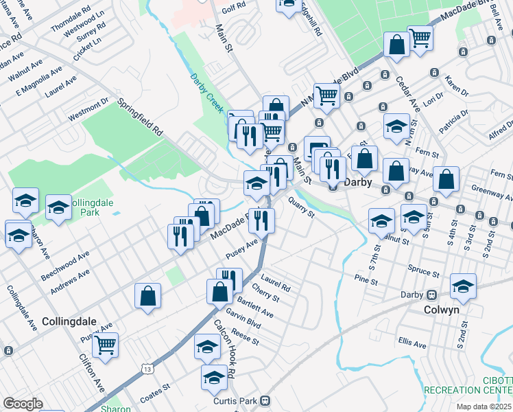 map of restaurants, bars, coffee shops, grocery stores, and more near 49 Macdade Boulevard in Darby