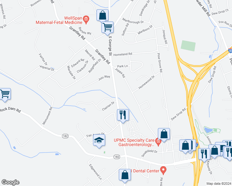 map of restaurants, bars, coffee shops, grocery stores, and more near 2443 South George Street in York
