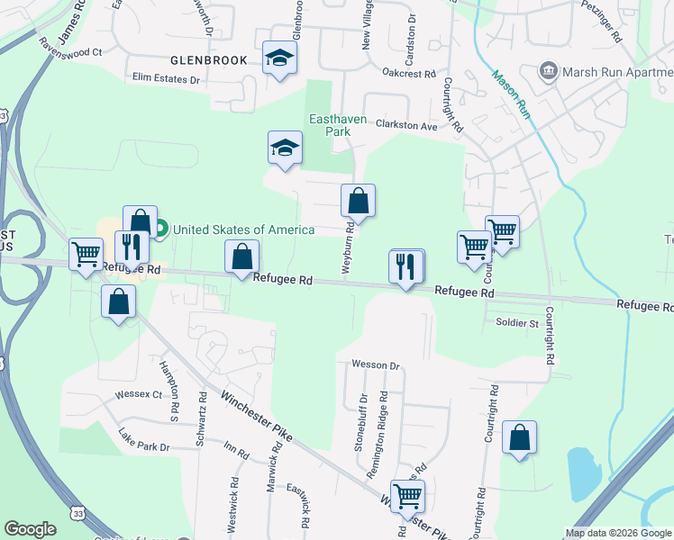 map of restaurants, bars, coffee shops, grocery stores, and more near 3491 Westpoint Drive in Columbus