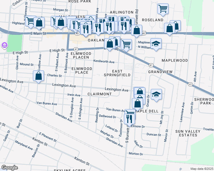 map of restaurants, bars, coffee shops, grocery stores, and more near 2405 Virginia Avenue in Springfield