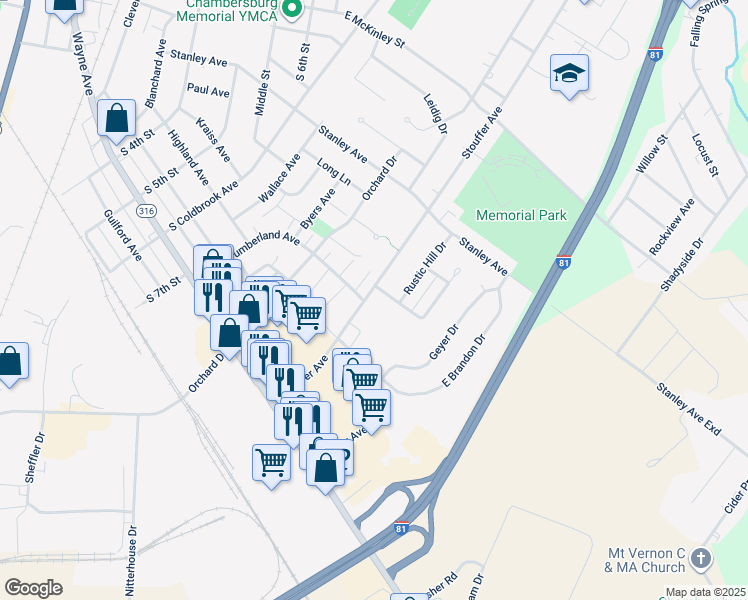 map of restaurants, bars, coffee shops, grocery stores, and more near 916 Stouffer Avenue in Chambersburg