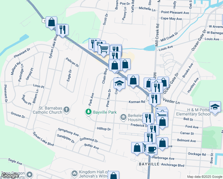 map of restaurants, bars, coffee shops, grocery stores, and more near 21 Pine Tree Drive in Berkeley Township