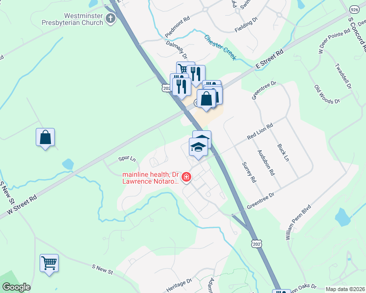 map of restaurants, bars, coffee shops, grocery stores, and more near 145 Lydia Lane in West Chester