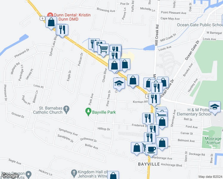 map of restaurants, bars, coffee shops, grocery stores, and more near 21 Pine Tree Drive in Berkeley Township