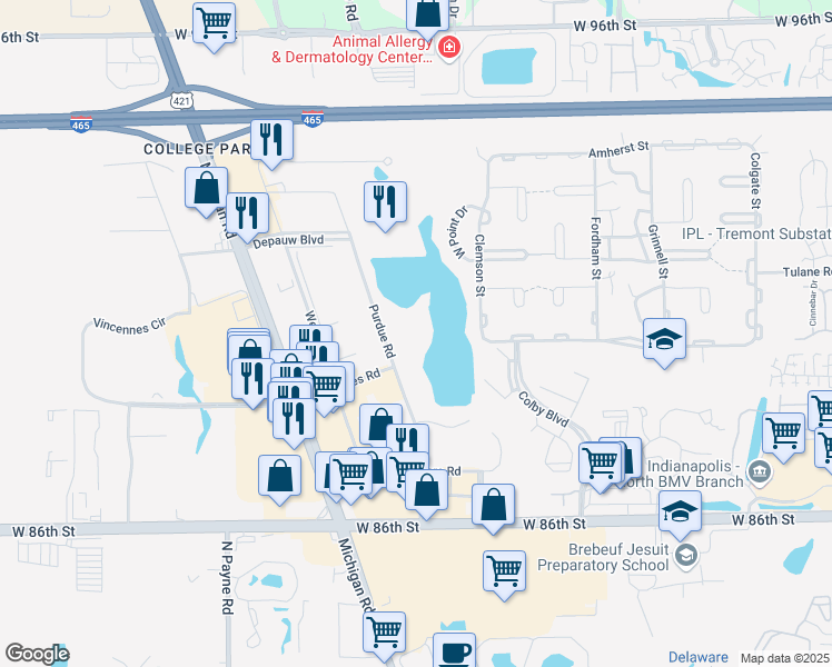 map of restaurants, bars, coffee shops, grocery stores, and more near 8909 Purdue Road in Indianapolis