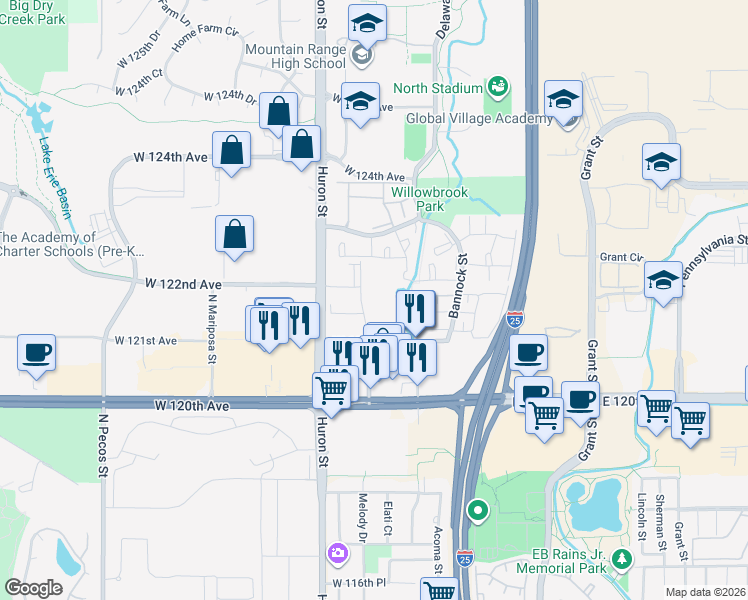 map of restaurants, bars, coffee shops, grocery stores, and more near 12136 Melody Drive in Westminster