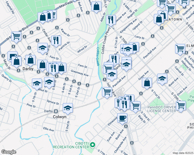 map of restaurants, bars, coffee shops, grocery stores, and more near 4 Greenway Avenue in Darby