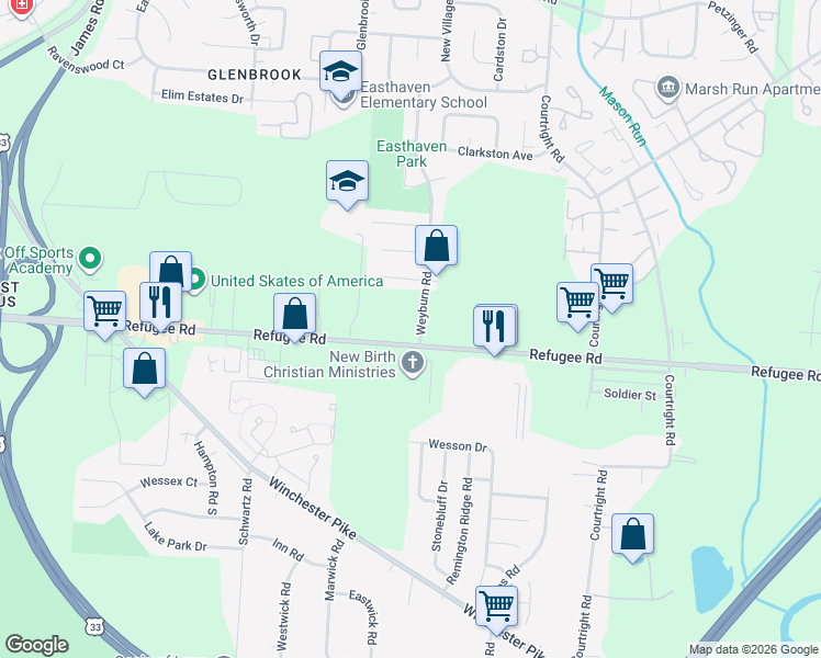 map of restaurants, bars, coffee shops, grocery stores, and more near 2715 Weyburn Road in Columbus