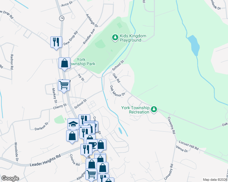 map of restaurants, bars, coffee shops, grocery stores, and more near 200 Oak Manor Drive in York