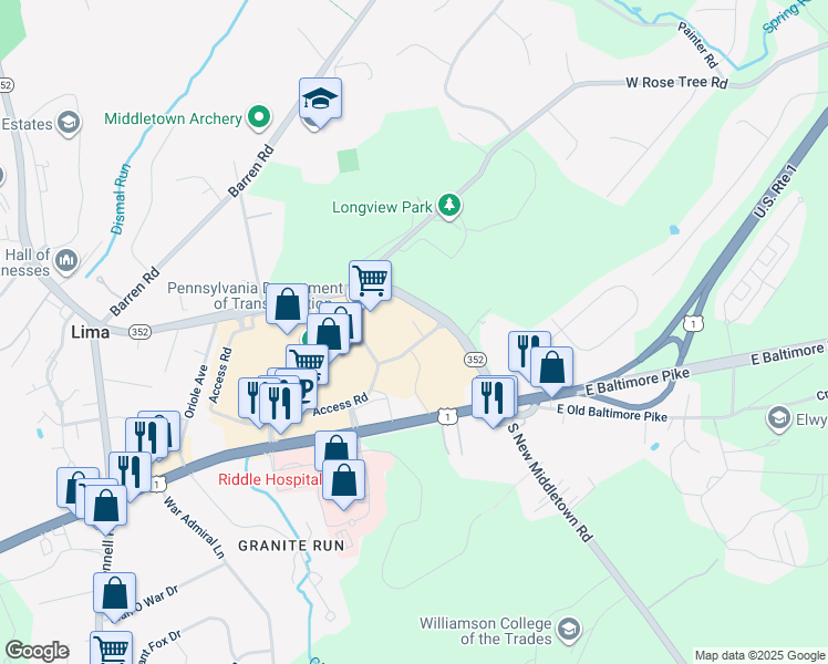 map of restaurants, bars, coffee shops, grocery stores, and more near 50 Middletown Road in Media