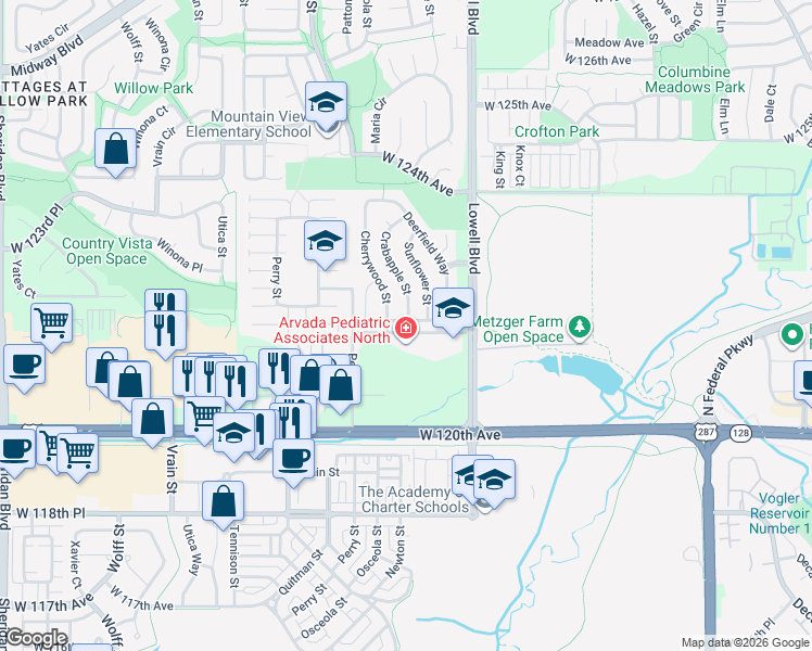 map of restaurants, bars, coffee shops, grocery stores, and more near 3802 Desert Willow Avenue in Broomfield