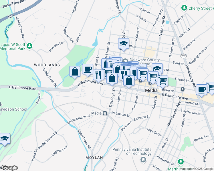 map of restaurants, bars, coffee shops, grocery stores, and more near 333 West Baltimore Avenue in Media