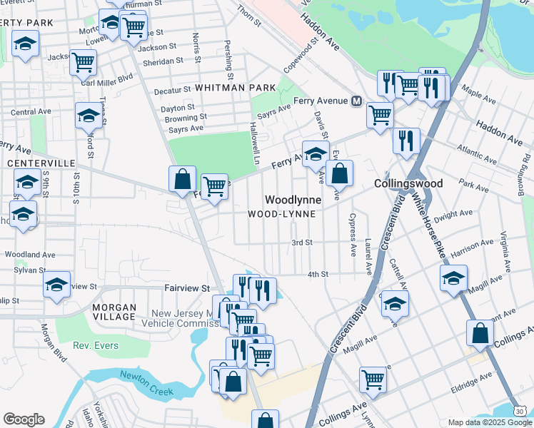 map of restaurants, bars, coffee shops, grocery stores, and more near 2024b Woodlynne Avenue in Woodlynne