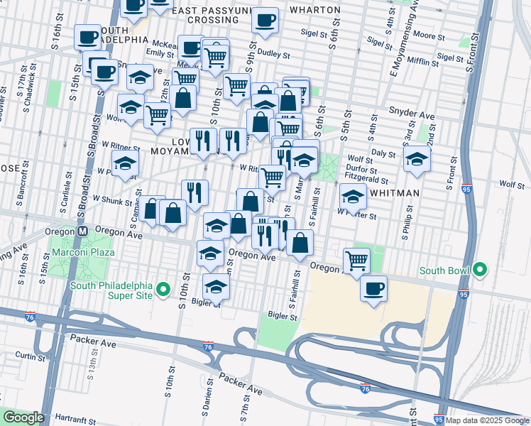 map of restaurants, bars, coffee shops, grocery stores, and more near 730 West Porter Street in Philadelphia