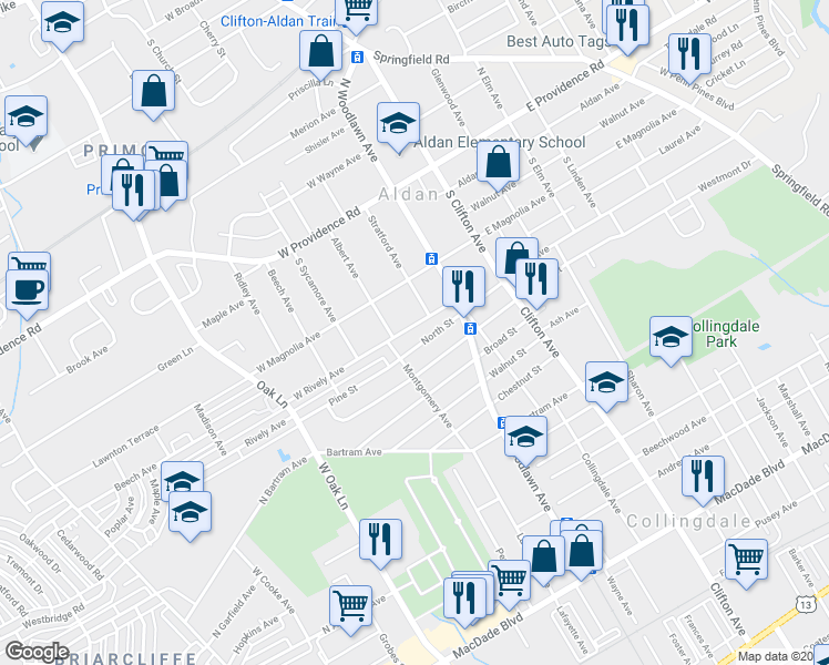 map of restaurants, bars, coffee shops, grocery stores, and more near 218 Rively Avenue in Collingdale
