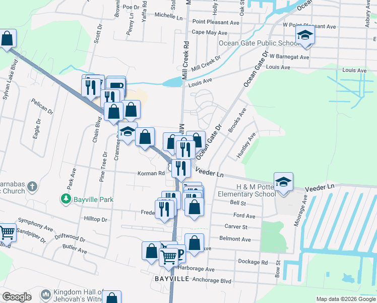 map of restaurants, bars, coffee shops, grocery stores, and more near 222 Mill Creek Road in Berkeley Township