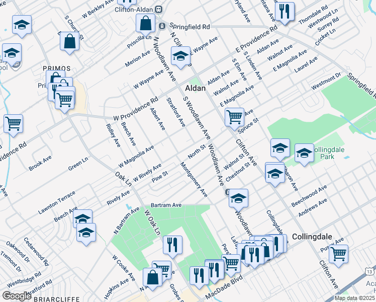 map of restaurants, bars, coffee shops, grocery stores, and more near 218 Rively Avenue in Collingdale