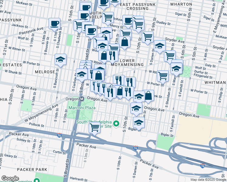 map of restaurants, bars, coffee shops, grocery stores, and more near 2537 South Sartain Street in Philadelphia