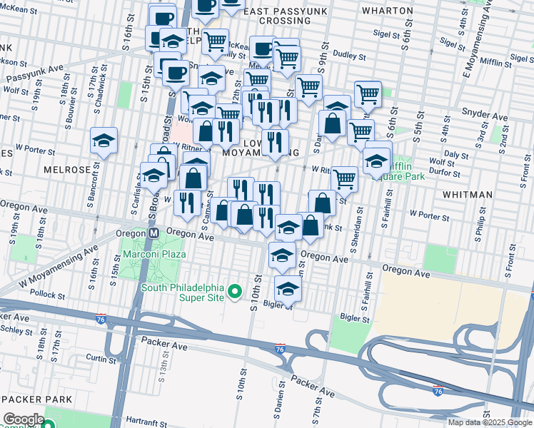 map of restaurants, bars, coffee shops, grocery stores, and more near 2550 South 10th Street in Philadelphia