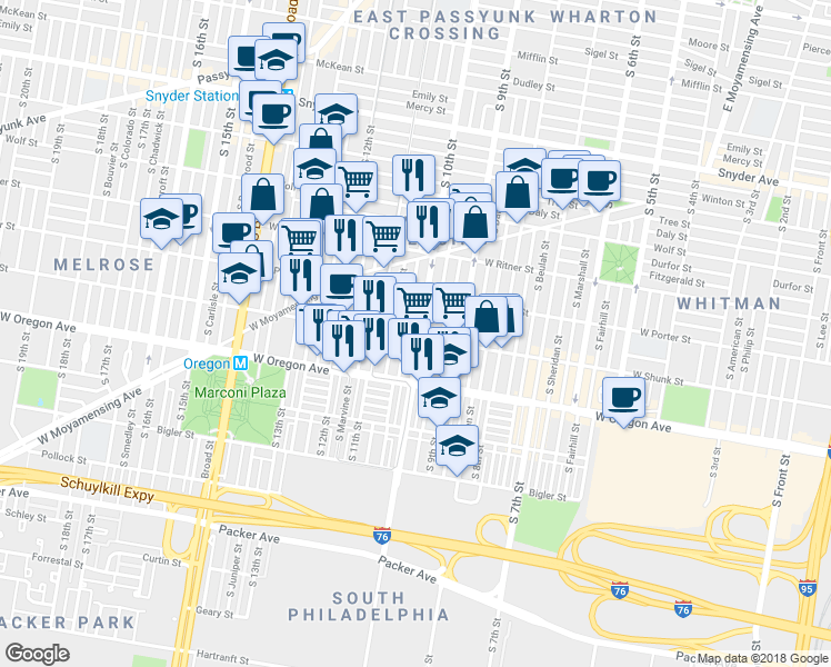 map of restaurants, bars, coffee shops, grocery stores, and more near 2550 South 10th Street in Philadelphia