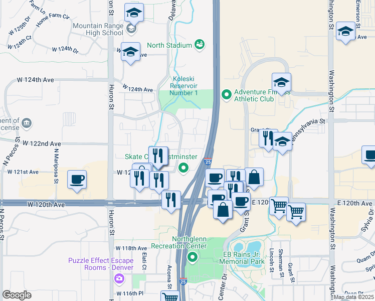 map of restaurants, bars, coffee shops, grocery stores, and more near 12272 Bannock Circle in Denver