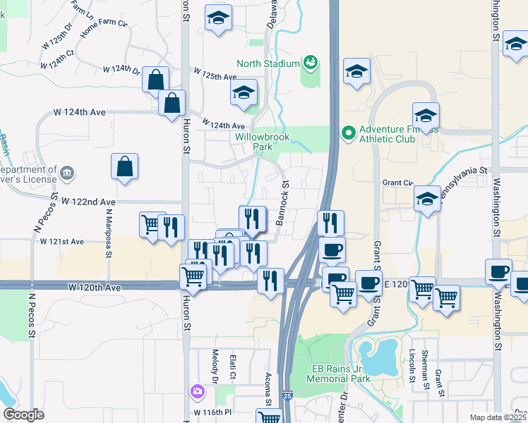 map of restaurants, bars, coffee shops, grocery stores, and more near 300 West 123rd Avenue in Westminster