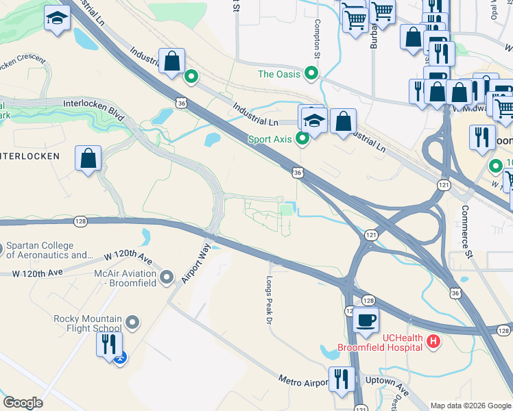 map of restaurants, bars, coffee shops, grocery stores, and more near 115 Edgeview Drive in Broomfield