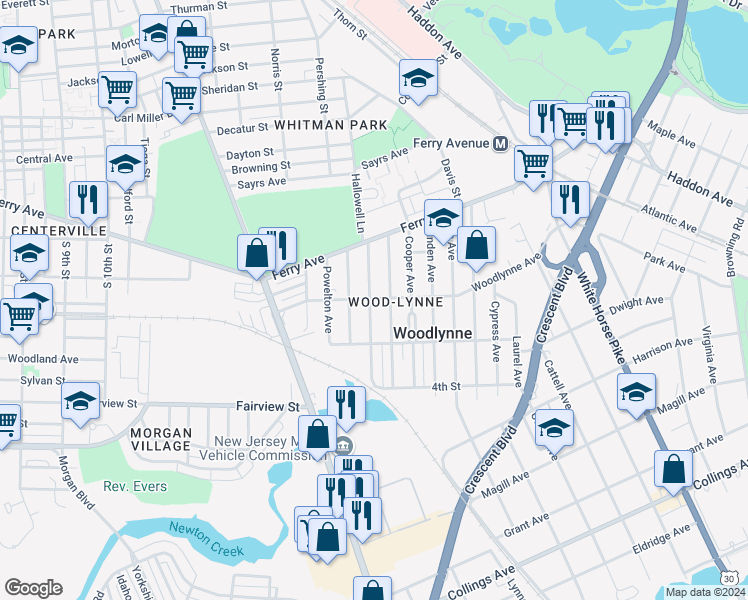 map of restaurants, bars, coffee shops, grocery stores, and more near 2024b Woodlynne Avenue in Woodlynne