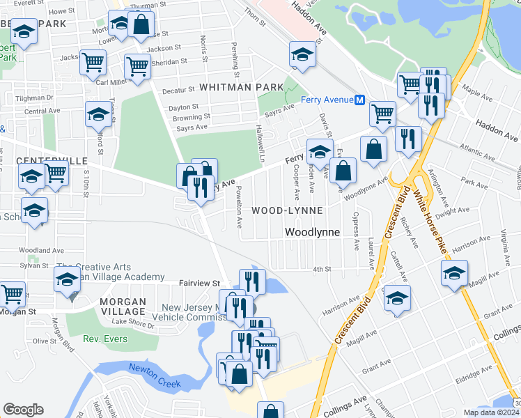 map of restaurants, bars, coffee shops, grocery stores, and more near 2024b Woodlynne Avenue in Woodlynne